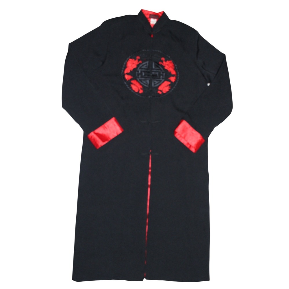 Silver Dragon Chinese Dragon Embroidered Robe Jacket Womens L‎ Black Red Asian
